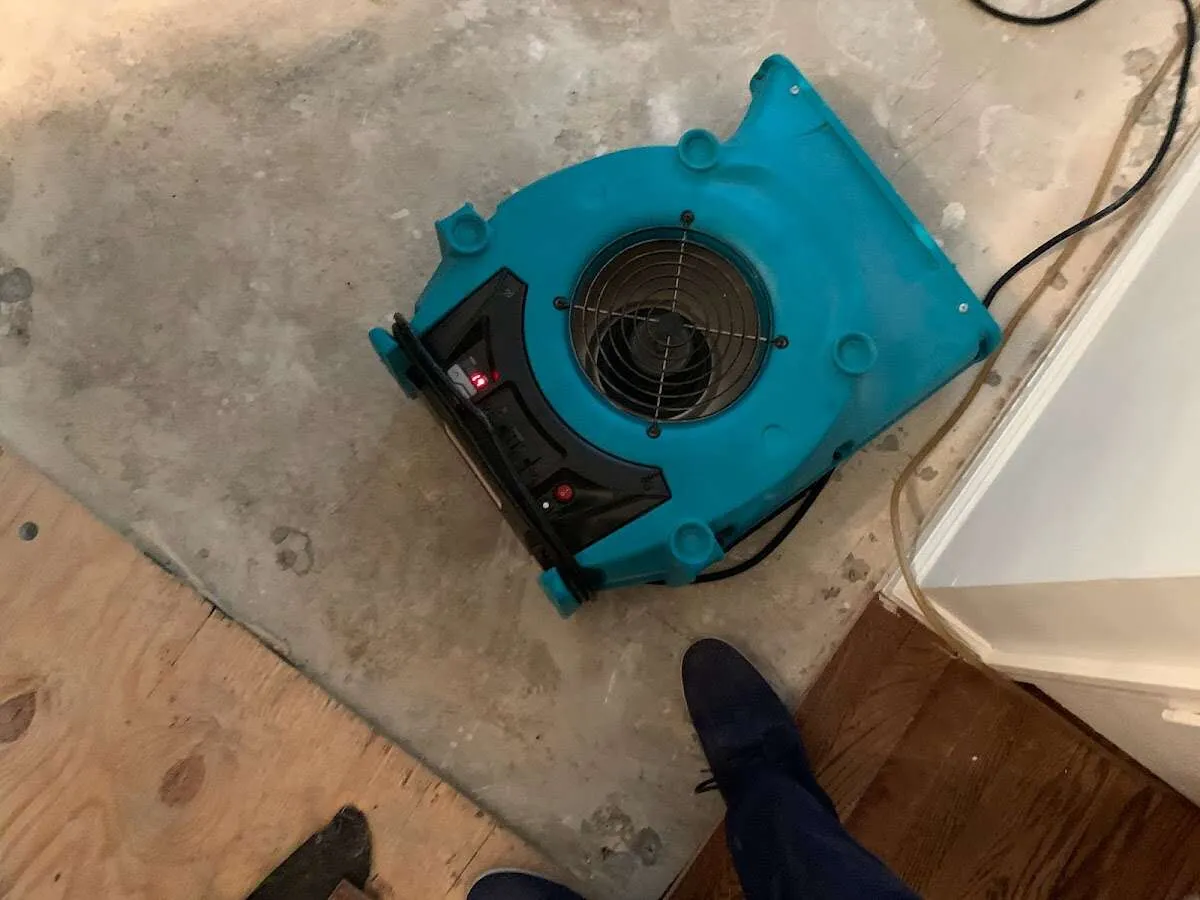 Air mover drying subfloor during Commercial Water Damage Restoration in Gulf Park Estates